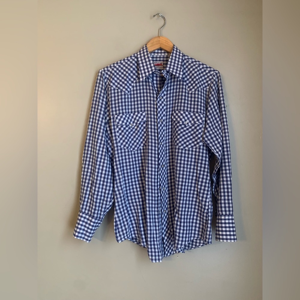 Mens Vtg 70-80s High Plains Western Shirt Blue White Checkered Long Sleeve Pearl